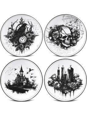 Gothic Halloween Dinnerware Set - 4 Pcs 9in Ceramic Plates for Spooky Parties